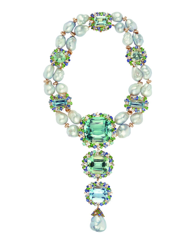 Margot McKinney Marina collier with a 241-carat seafoam aquamarine at its center and 25 unusually large and rare Australian South Sea baroque pearls. Dame Helen Mirren wore this stunner on the red carpet at Cannes this summer. At Neiman Marcus; Margot McKinney boutique, Beverly Hills. 