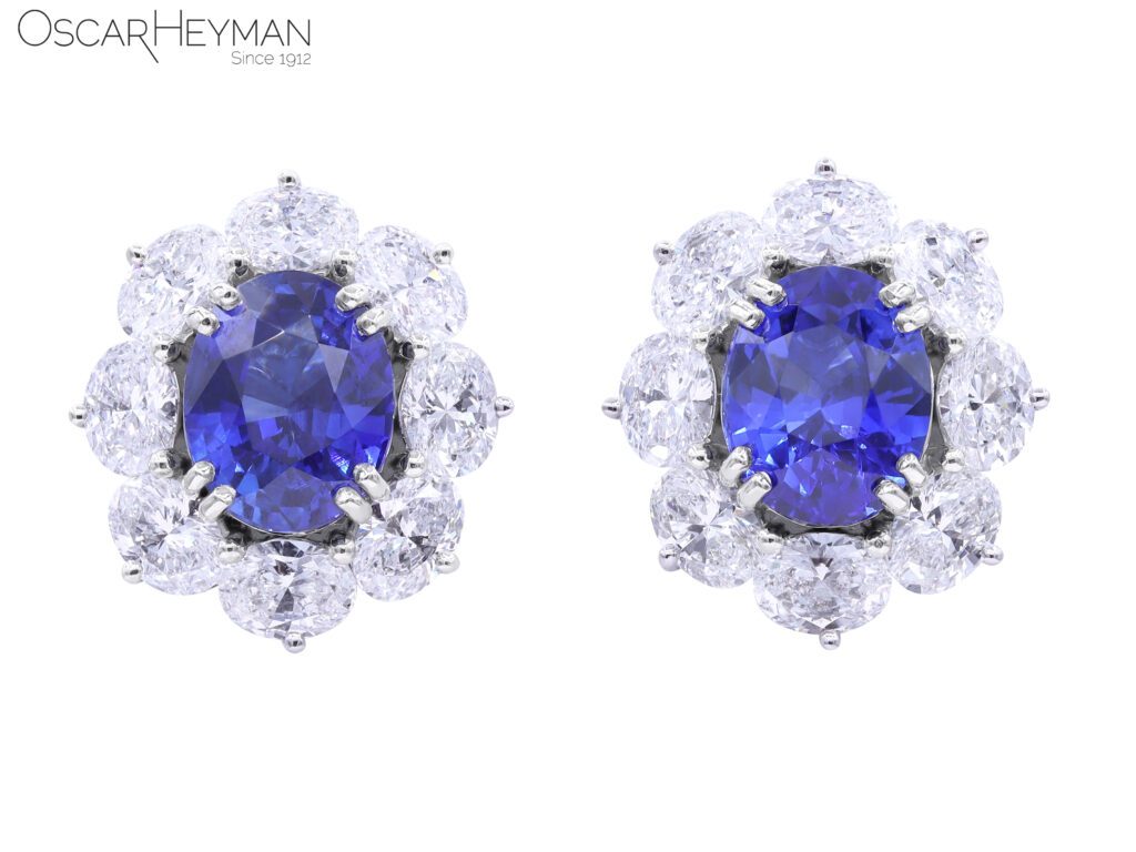 Sapphire, diamond and platinum earrings, from the current collection at Tenenbaum Jewelers