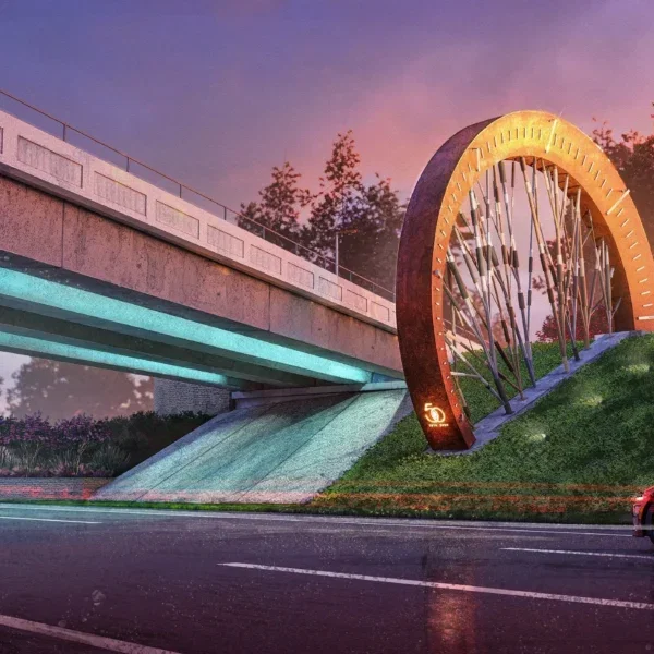 The base of the "First Fifty" sculpture marks the 50th anniversary of the founding of The Woodlands. NowThe Woodlands has its own Woodlands U university. (Illustration courtesy of LANDology)