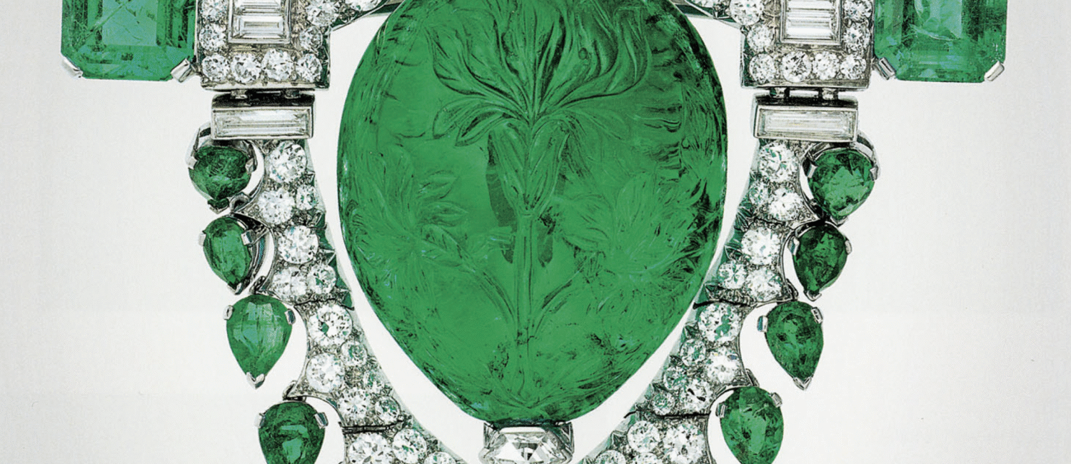 Marjorie Merriweather Post’s spectacular emerald brooch carved in India in the 17th and 18th centuries, was part of an Edwardian and Deco design created by Oscar Heyman and  Brothers in 1929,  the company name until later years when it was changed to Oscar Heyman.  Image from the book “Oscar Heyman: the Jewelers’ Jeweler,” Museum of Fine Arts Boston Publications
