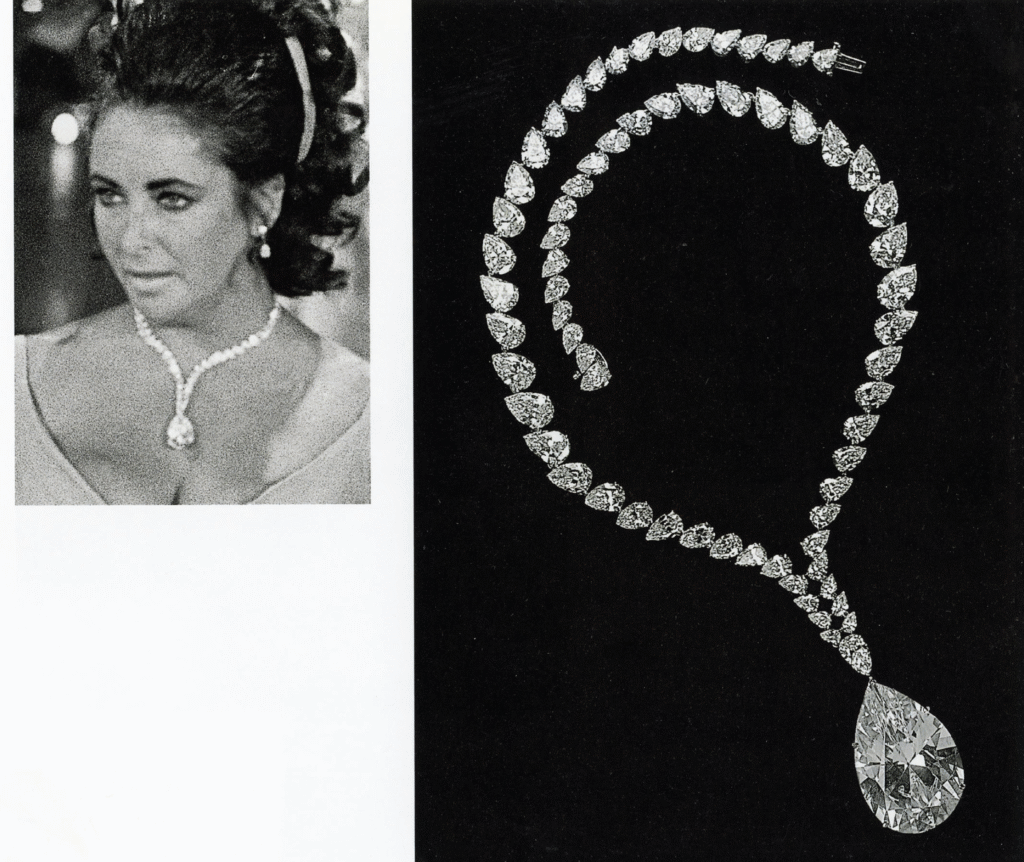 Elizabeth Taylor at the 1970 Academy Awards wearing  the  diamond necklace with the Cartier 69.4 carat Taylor-Burton diamond as a pendant. The magnificent pear-shaped diamond necklace was designed by Oscar Heyman and Brothers for Cartier before Heyman began designing under its own name. 

Bettmann/Getty image from the book "Oscar Heyman: the Jewelers' Jeweler," Museum of Fine Arts Boston Publications