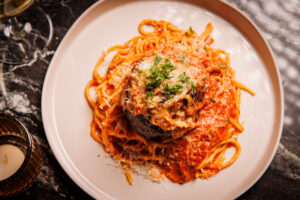Spaghetti and three-quarter lb Texas Wagyu Meatball (Photo by Samantha Marie Photography)