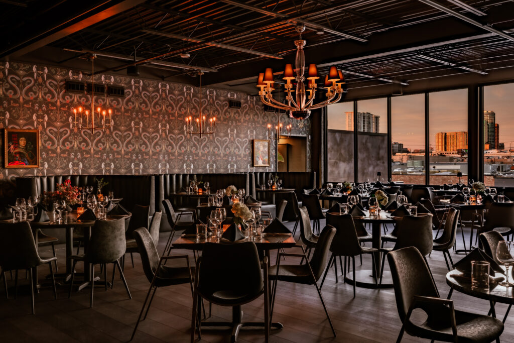 The 1,800-square-foot restaurant seats 85 guests. Nearly every one of those seats offers a striking view of the downtown Dallas skyline. (Photo by Samantha Marie Photography)