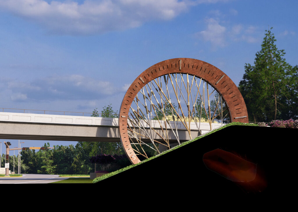The bars inside the circular sculpture represent trees and the eight residential villages of The Woodlands. (Illustration courtesy of LANDology)