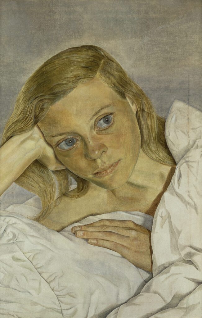 Lucien Freud’s "Girl in Bed," 1952, in the exhibition "Lucian Freud: Drawing into Painting" at National Portrait Gallery (© The Lucian Freud Archive. All Rights Reserved 2025 / Bridgeman Images. Photo © National Portrait Gallery, London. Courtesy Ordovas, 2014.)
