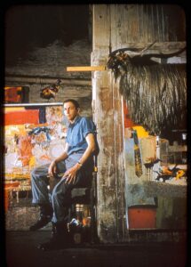 Robert Rauschenberg with “Satellite,” 1955, and the first state of “Monogram,” 1955–1959 (first state 1955–1956) in his Pearl Street studio, New York, New York, circa 1955. (Robert Rauschenberg Foundation Archives, New York)