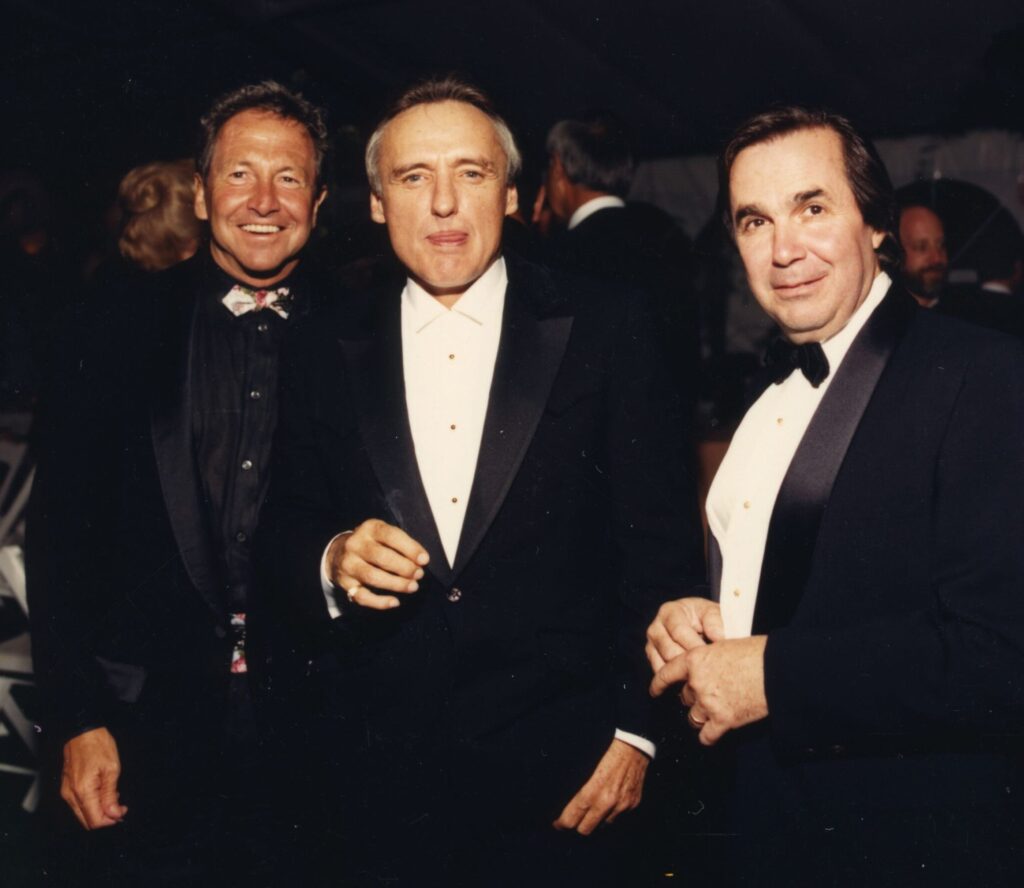 Robert Rauschenberg, Dennis Hopper, Dickey Landry at the gala opening of the Menil Collection, June 3, 1987. (Courtesy Menil Archives, The Menil Collection, Houston. Photo by Ed Daniels.)