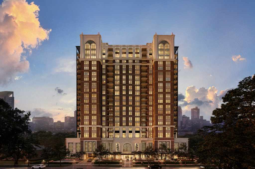 Design of The Langley  is inspired by the classical symmetry of neighboring Southampton homes and the material richness of Rice University.