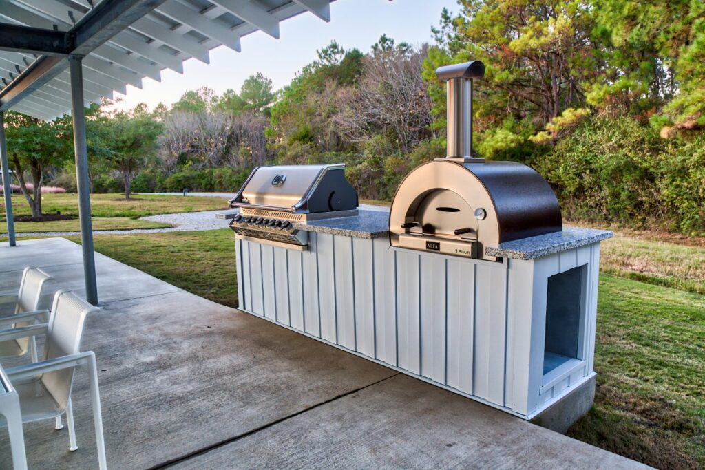 The outdoor kitchen at Whitehall Ranch includes a pizza oven as well as the requisite grill.