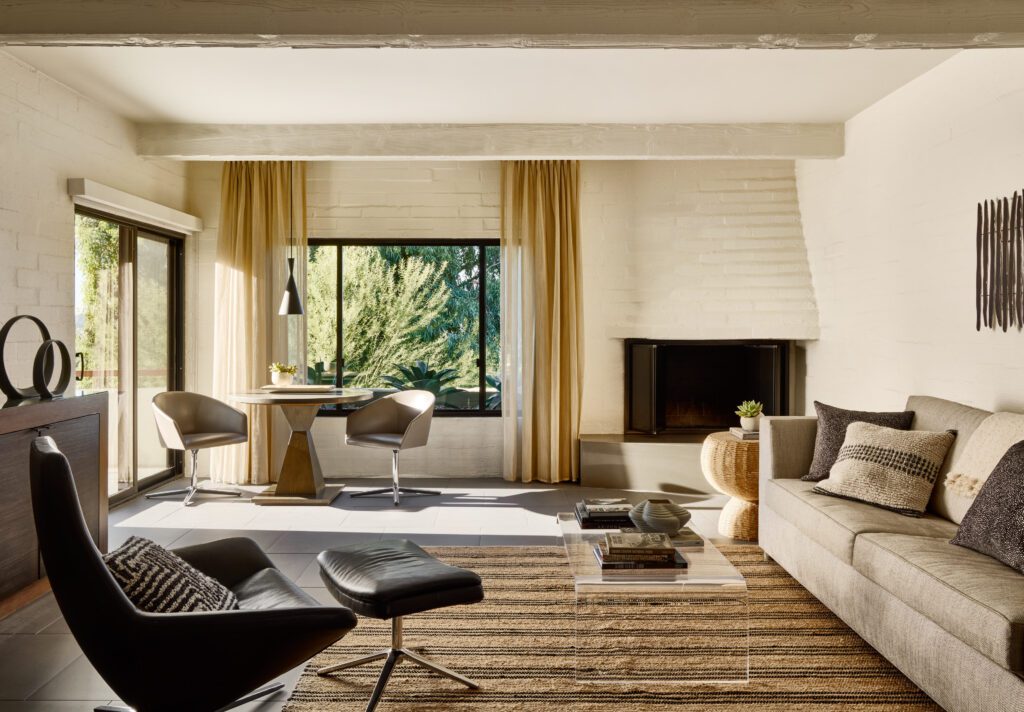 The neutral palette and contemporary furnishings blend nicely with the desert landscape, and there is a separate sitting room from the bedroom. (Photo by Sanctuary Camelback Mountain)