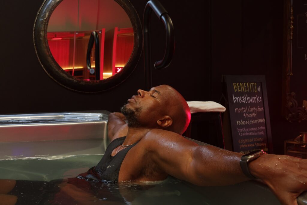 Be brave and take the cold plunge. Start your circuit at Loyly with a cold plunge in their custom saltwater communal tub equipped with sound frequency therapy set at a chilly 41 to 49° F, “The goal is to immerse your body up to your neck for anywhere from 30 seconds to 3 minutes, however long you can sustain the soak,” says Jess Peregoy, Director of Operations. Photo by Tristen Burrows.