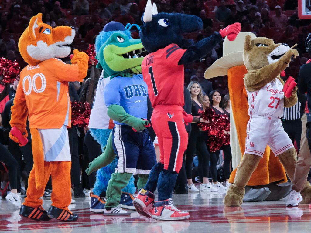 Even mascots want to be part of the Fertitta Center scene. (Photo by F. Carter Smith)