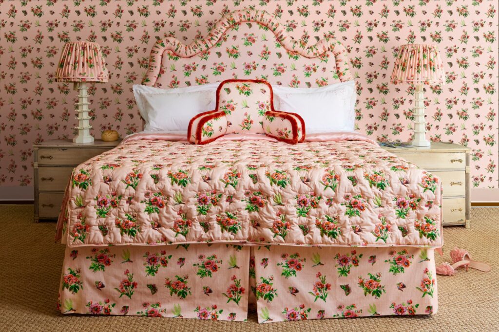 House & Parties Abigail Butterfly Chintz Headboard, Bed Skirt & Quilted Coverlet. 