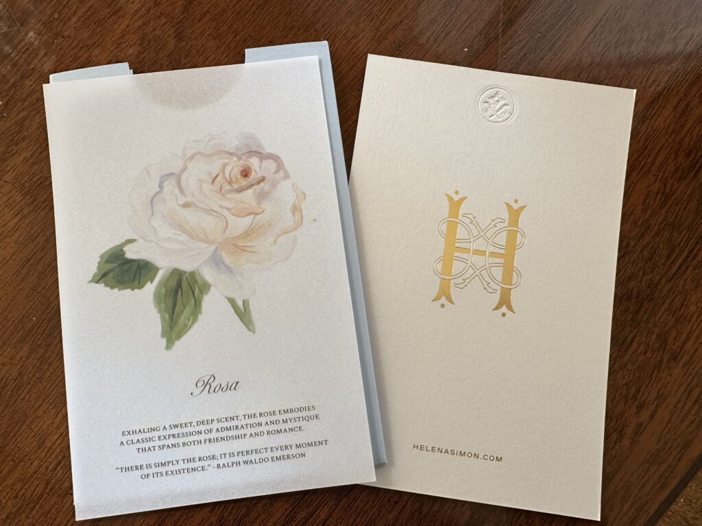 Each Helena Simon floral brooch is accompanied by cards offering styling tips, notes on the particular flower and more.