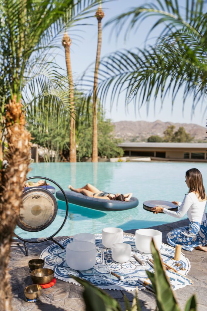 A sound bath in the pool. (Photo by Sanctuary Camelback Mountain)