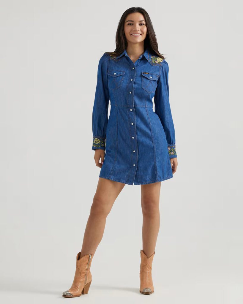 Our favorite piece by Kendra Scott's Yellow Rose is an embroidered denim dress that polished and rodeo-ready. (Courtesy)
