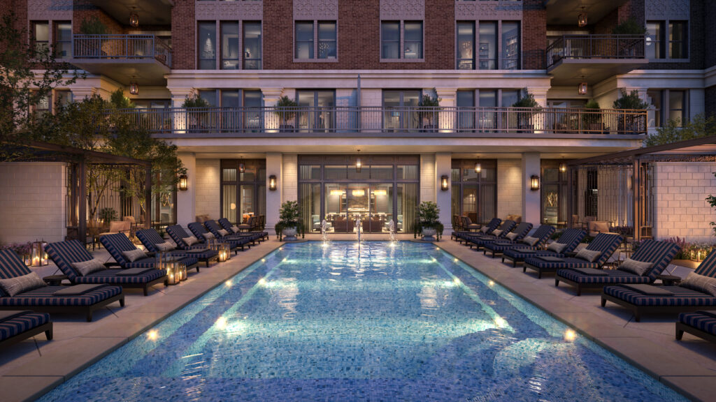 The Langley swimming pool terrace resembles a Palm Beach or Santa Monica resort. 