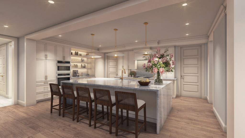 Kitchens in The Langley are outfitted with  Wolf gas cooktops, built-in wine coolers, quartzite countertops with full-height backsplashes, and ornate custom cabinetry with brass hardware.