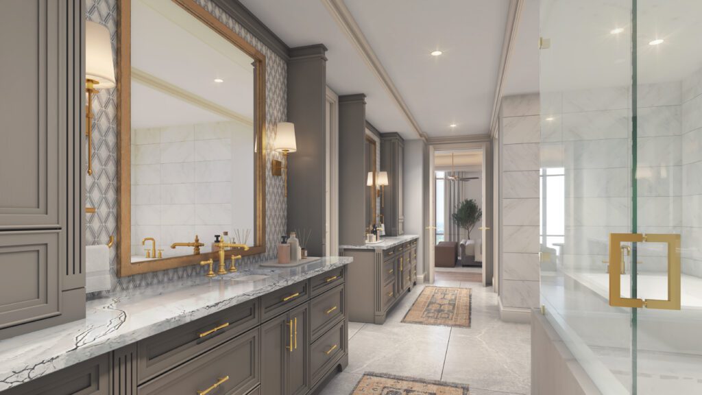 The primary bath in the three-bedroom Azalea unit in The Langley.