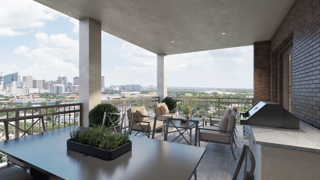 Outdoor terraces in the Azalea floor plan of The Langley have gas grills and generous entertaining space.