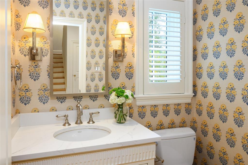 A powder bathroom featuring designer wallpaper (Photo by Compass RE Texas, LLC)
