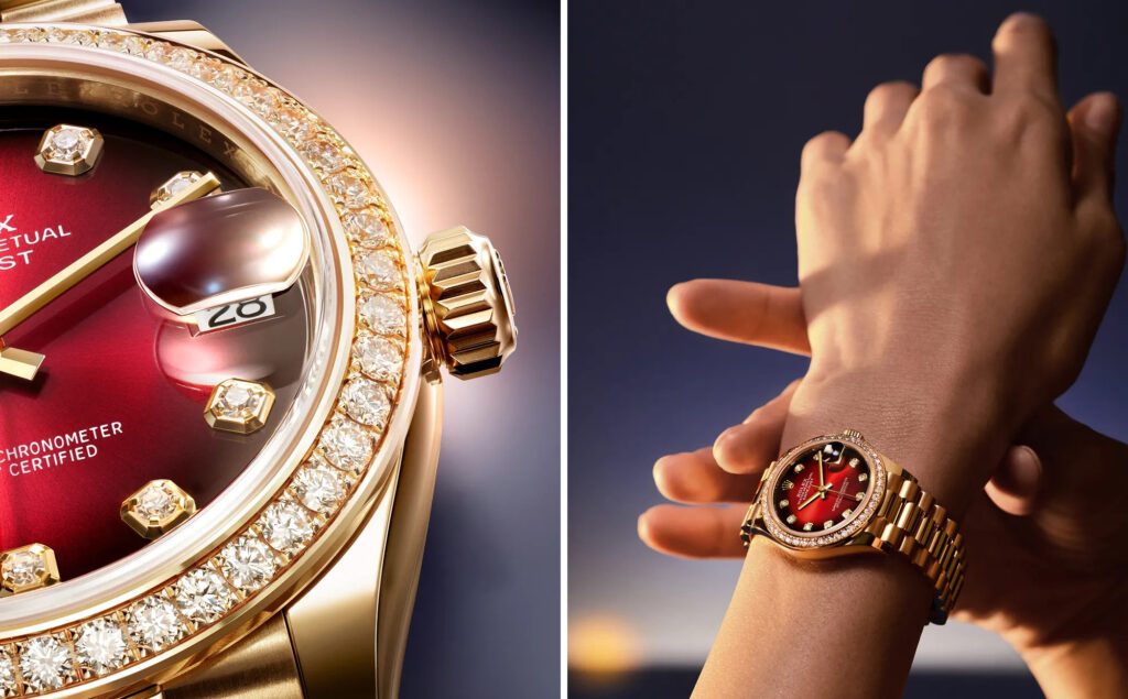 Rolex Oyster Perpetual Datejust 31 in 18 carat yellow gold with a striking red ombre dial from Bachendorf's (Courtesy)