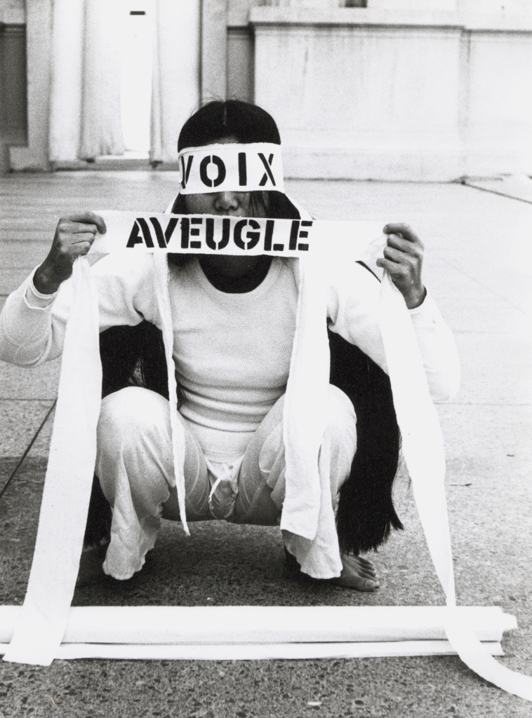 Theresa Hak Kyung Cha's "Aveugle Voix," 1975. Documentation of performance rehearsal at Greek Theater, University of California, Berkeley. In the exhibition "Theresa Hak Kyung Cha: Multiple Offerings" at Berkeley Art Museum (Gift of the Theresa Hak Kyung Cha Memorial Foundation)