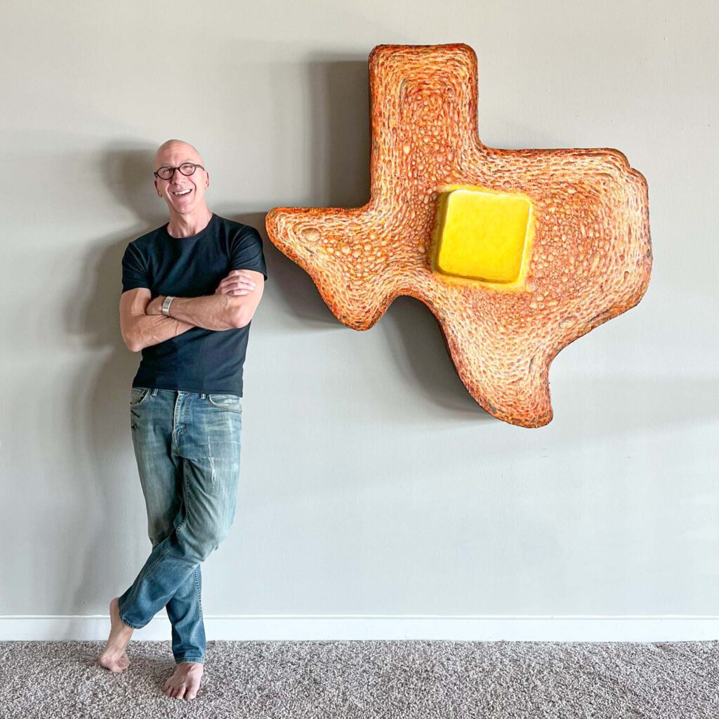 One of Dallas artist Ken Womack's most iconic pieces is a giant 3-D Texas-shaped Texas toast topped with butter. (Courtesy)