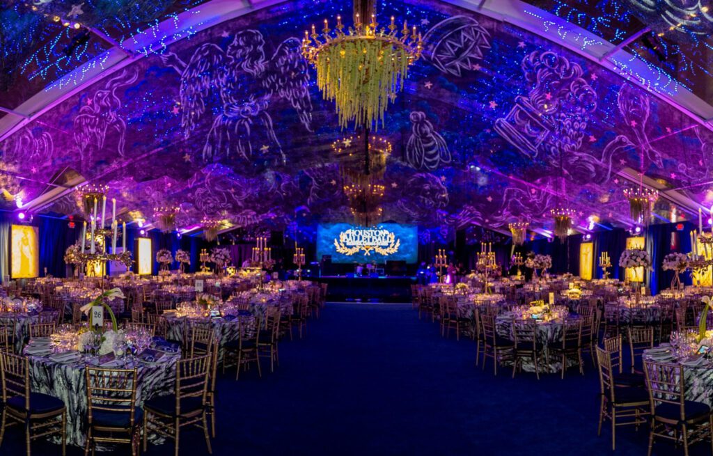 With Wortham Theater Center closed due to Harvey flooding the 2019 Houston Ballet Ball was held in a party tent at the Center for Dance where the decorative theme was ‘Heroes, Gods and Stars’ (Photo by Wilson Parish)