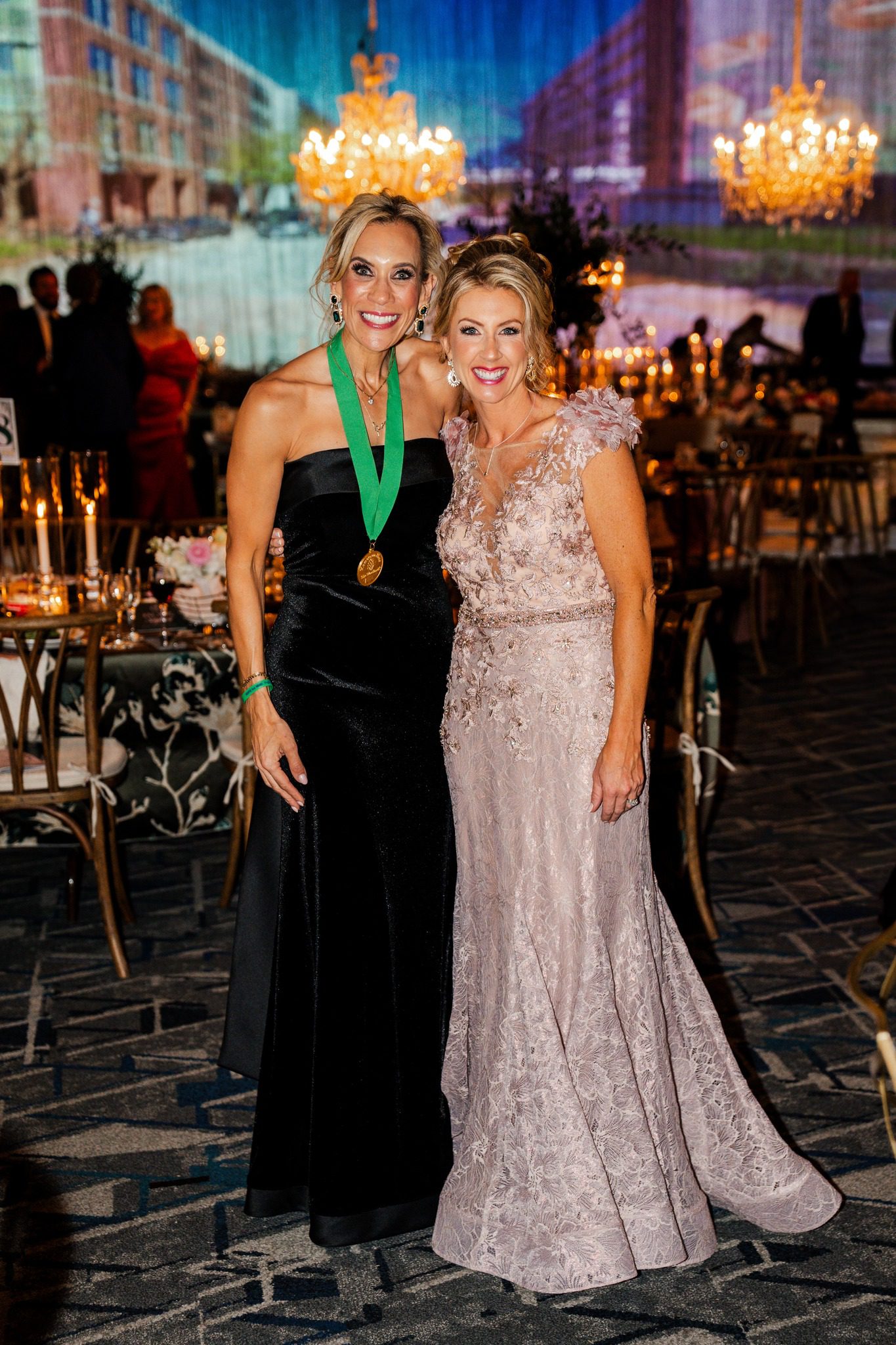 Interfaith CEO Missy Herndon and gala chair Linsey Bibler share a moment at the 2026 Interfaith Love Thy Neighbor gala. (Photo by Interfaith of The Woodlands)