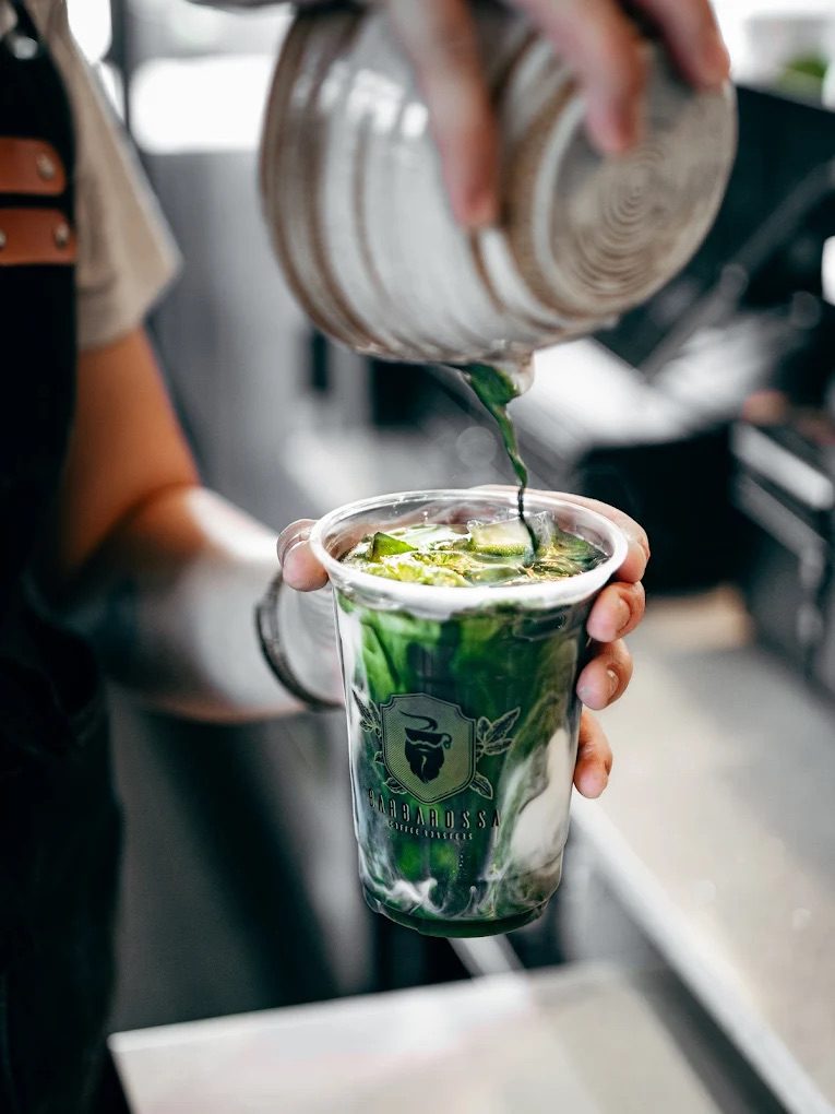 Enjoy a trendy matcha latte at the new, eclectic Barbarossa Coffee cafe. (Photo courtesy of Barbarossa Coffee)