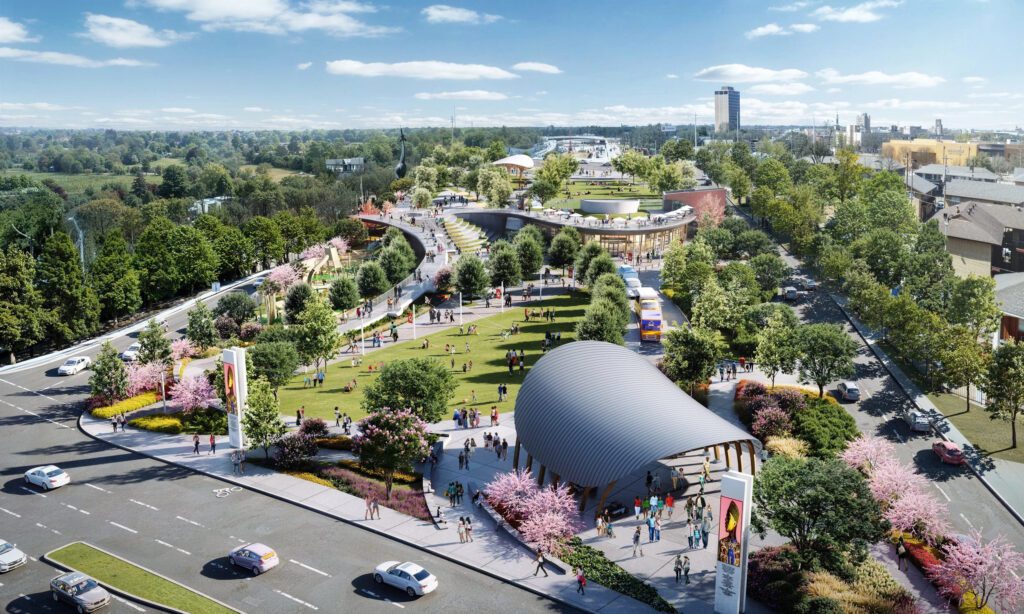 Halperin Park is set to open above Dallas' I-35 between Ewing and Marsalis Avenues this spring. (Courtesy rendering)