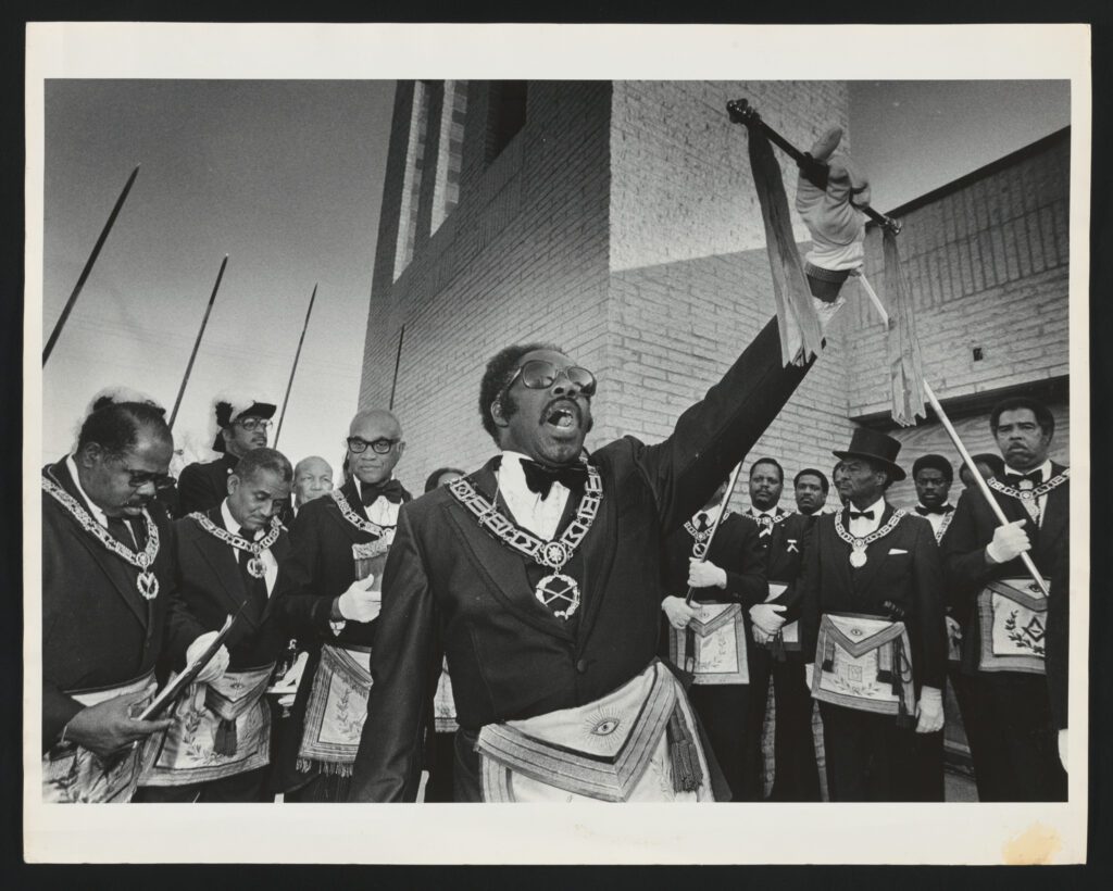 Sharon Farmer, "Israel Baptist Church—Masons at Cornerstone Ceremony," 1980. Gelatin silver print. (Courtesy of the Library of Congress)