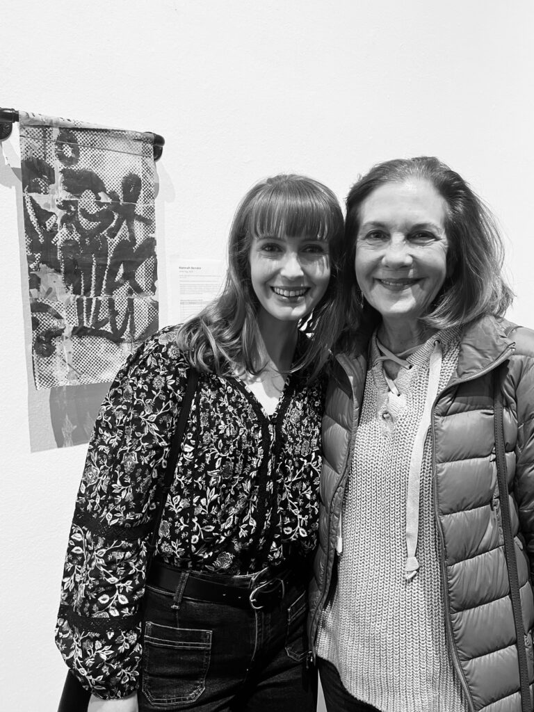 Co-chair Holland Horton, Jereann Chaney in front of artwork by Hannah Bender at Sunday Brunch with Lawndale (Photo by CDA)