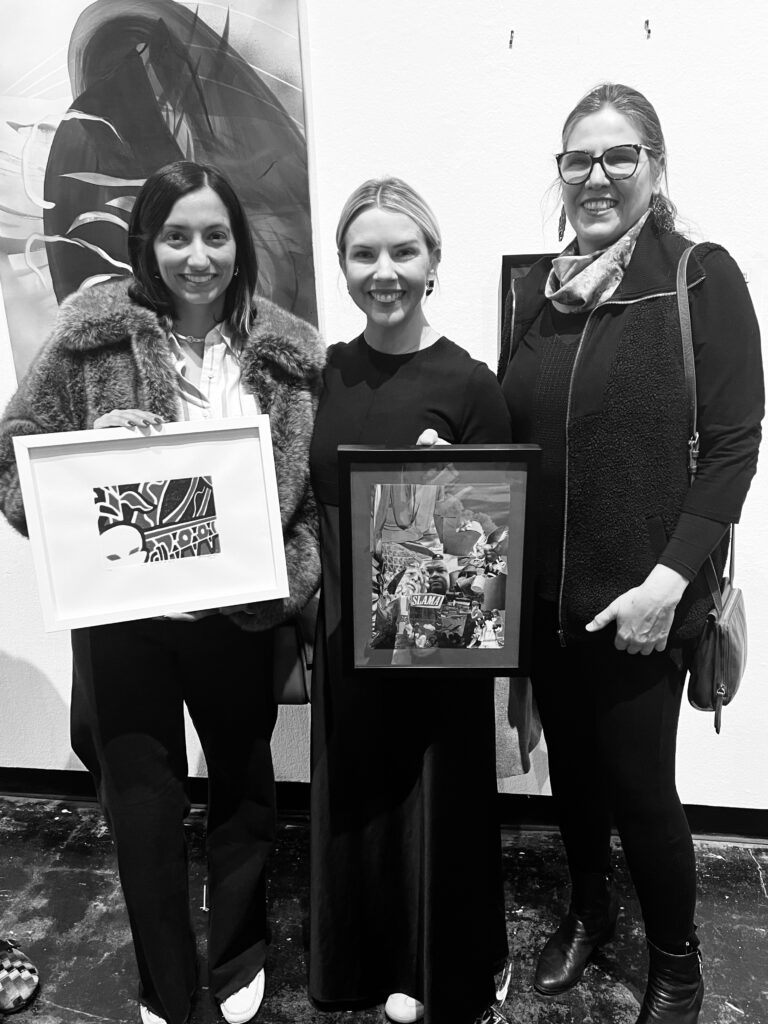 Tina Malhotra with work by Dario Bucheli, Piper Faust with her new Tay Butler acquisition, Carolina Otero at Sunday Brunch with Lawndale (Photo by CDA)