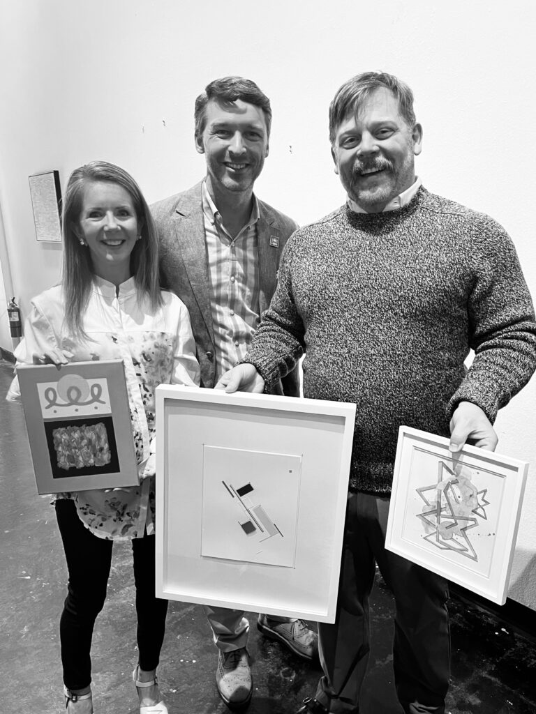 Winnie Phillips showing off her new Quentin Pace painting, Nic Phillips, Scott Shaver with his newly acquired collage by Tiffany Heng-Hui Lee and painting by David Cobb at Sunday Brunch with Lawndale (Photo by CDA)