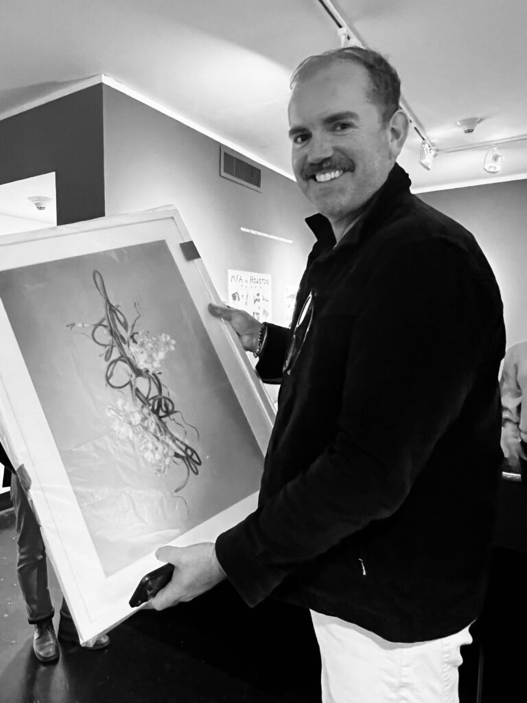 Jonathan Beitler with artwork by Claire Chauvin at Sunday Brunch with Lawndale (Photo by CDA)