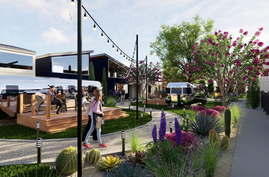 With a planned March opening, Hotel SOMA’s self-described “Casitas in the City” concept includes 31 private tiny homes and four custom Airstreams. (Courtesy)