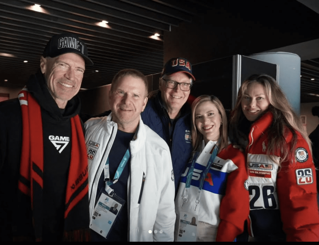 Ambassador Tilman Fertitta and Lauren Fertitta with celebs at the Milano Cortina Winter Olympics celebrations (Instagram photo)