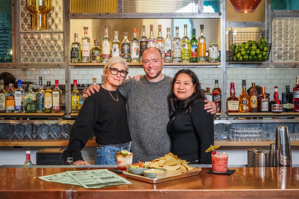 From left to right: Sharon Haynes, Bobby Heugel and Maribel Gomez at the new Tacos a Go Go in The Heights. (Photo by Photos by Dylan)
