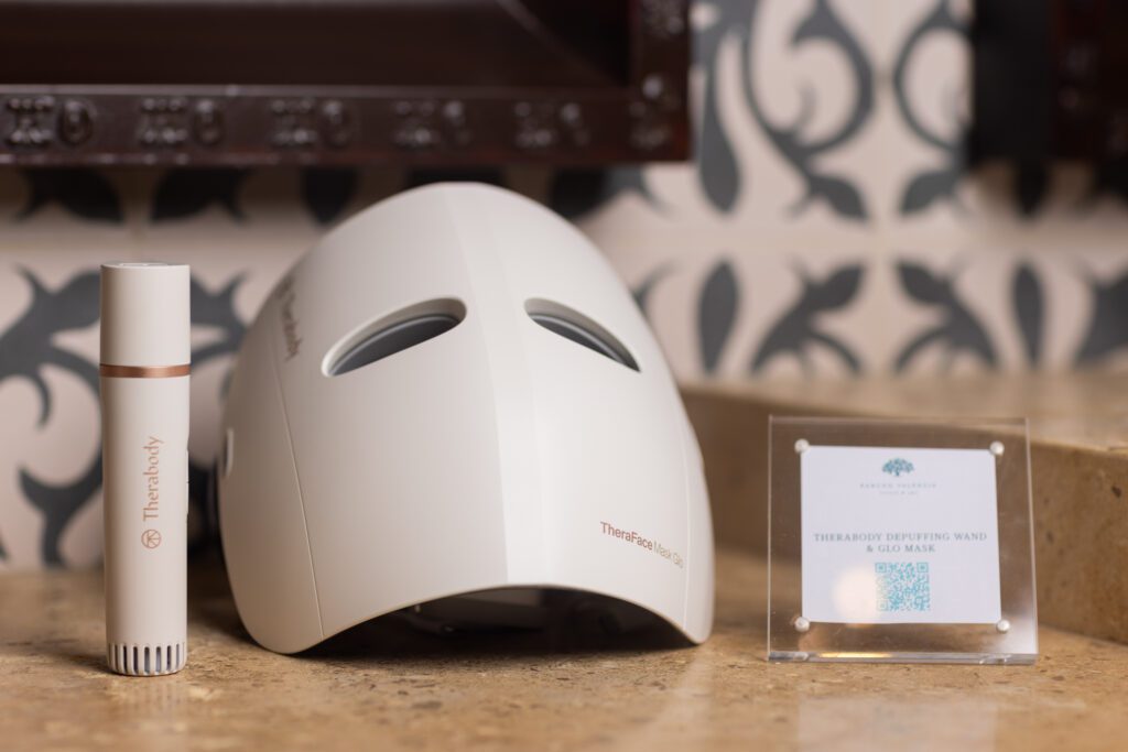 The TheraFace LED Mask, SmartGoggles, JetBoots, and Theragun were thoughtfully staged throughout the suite  (Photo by courtesy Rancho Valencia & Spa)