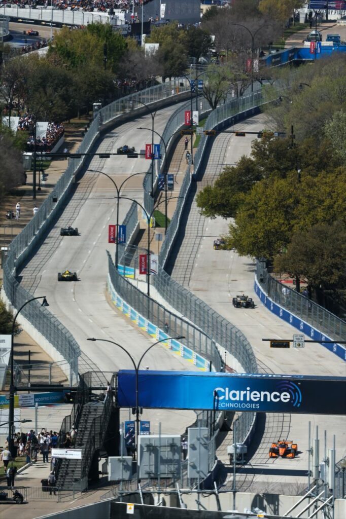 Concrete barriers and massive metal fences marked the 2.72-mile street circuit that looped around AT&T Stadium, Globe Life Field, and Loews Arlington Hotel & Convention Center.
(Photo by Chris Owens)