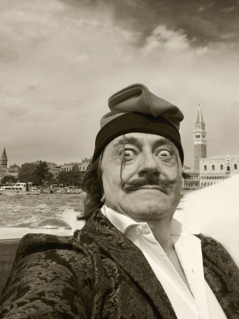 The artist Miguel Soler-Roig in his self-portrait, "Salvador Dalí," 2026, at Barbara Davis Gallery