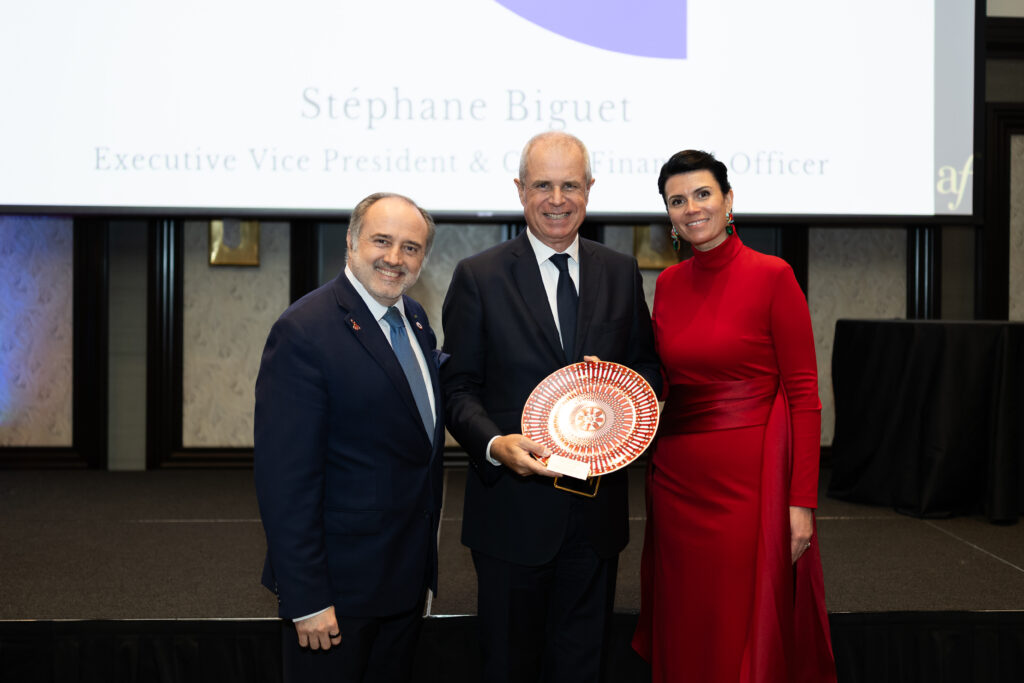 Alliance Française board president Jean-François Bonneté, Stéphane Biguet, Alliance Française executive director Élodie Ricolfi  at the Alliance Française de Houston’s 2026 Annual Fundraising Gala, Riviera Night (Photo by Naranja Dulce Studios)