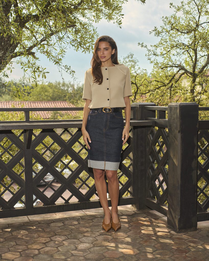 KHAITE rounds out the trend with a tan wool crepe jacket and denim skirt, a simple yet structured combination. (Photographed at Monkey Bar)