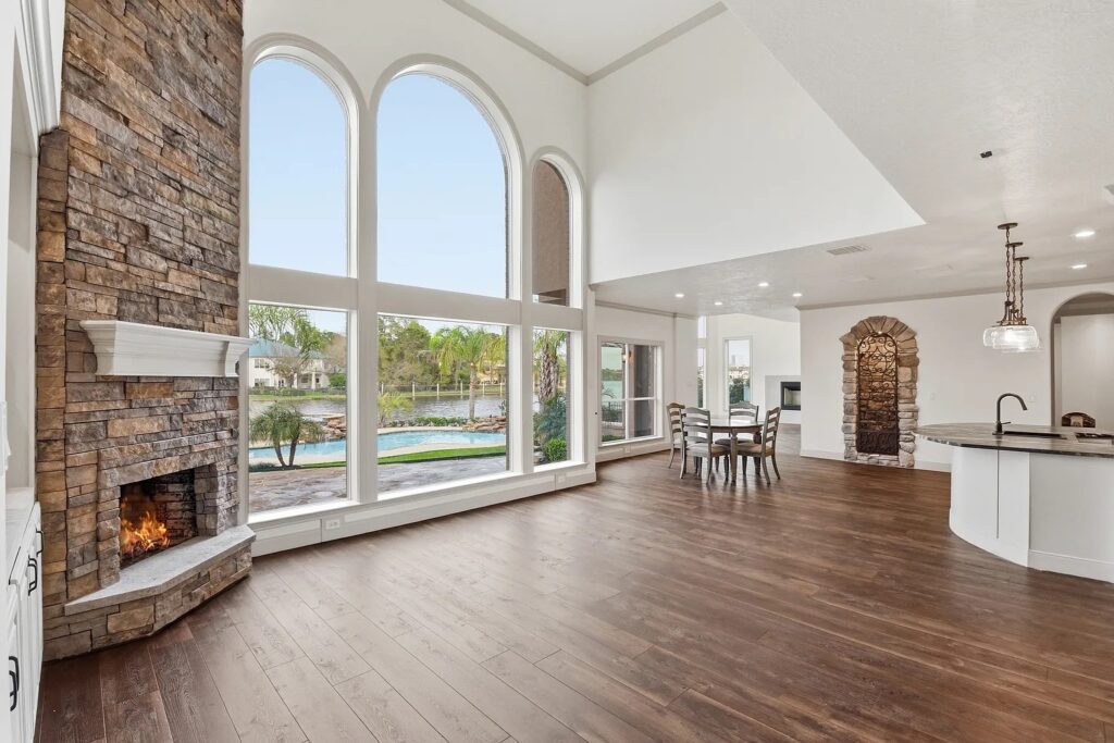 Natural light abounds with these two-story windows