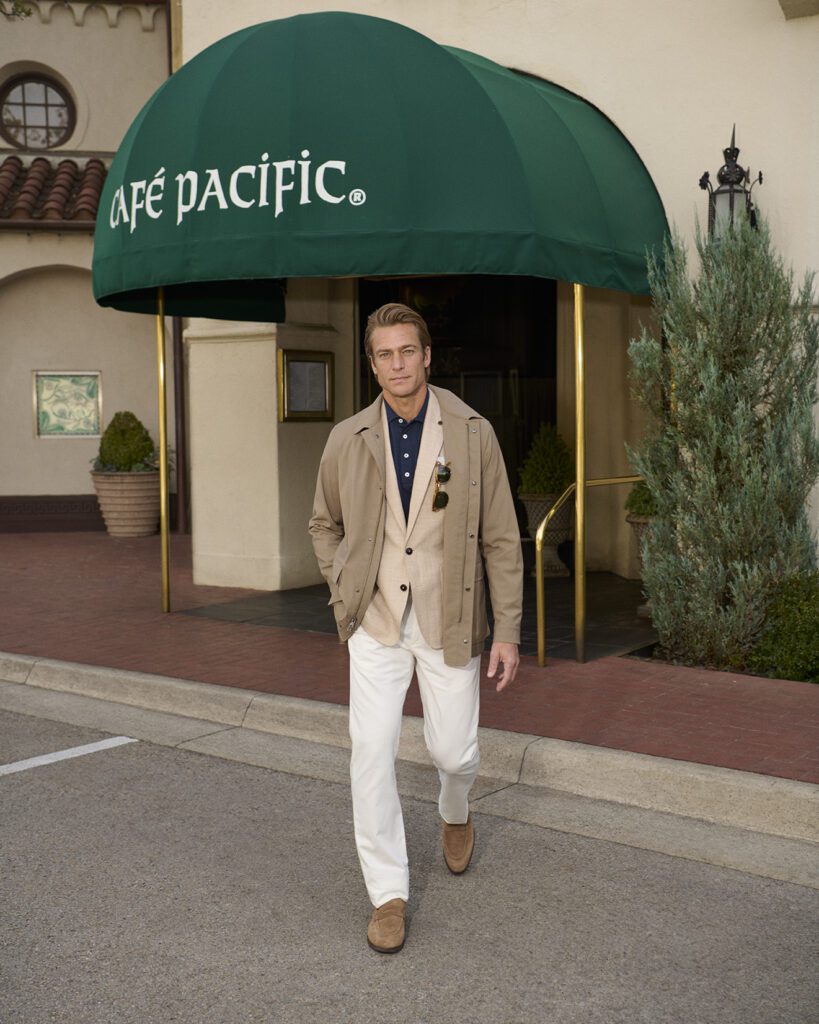 Peter Millar has him covered with tailored neutral staples that will carry him through the season. (Photographed at Café Pacific)