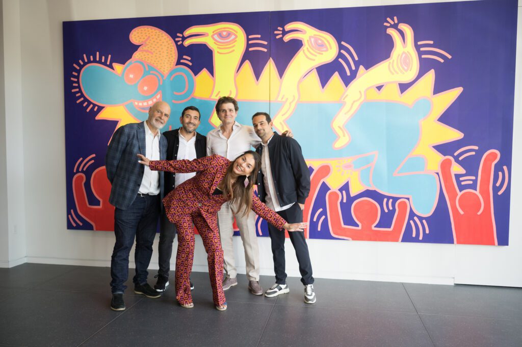 Gilles Dyan, Dan Benchetrit, Gregory Lahmi, Alex Sartafi, Florence Dyan at the Collector's opening of Opera Gallery in River Oaks District, pictured in front of a work by Keith Haring. (Photo by Daniel Ortriz)