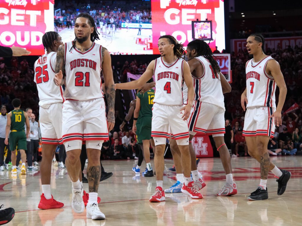 University of Houston players Mercy Miller, JoJo Tugler, Kingston Flemings,. Emanuel Sharp and Milos Uzan know the real tests are coming. (Photo by F. Carter Smith)