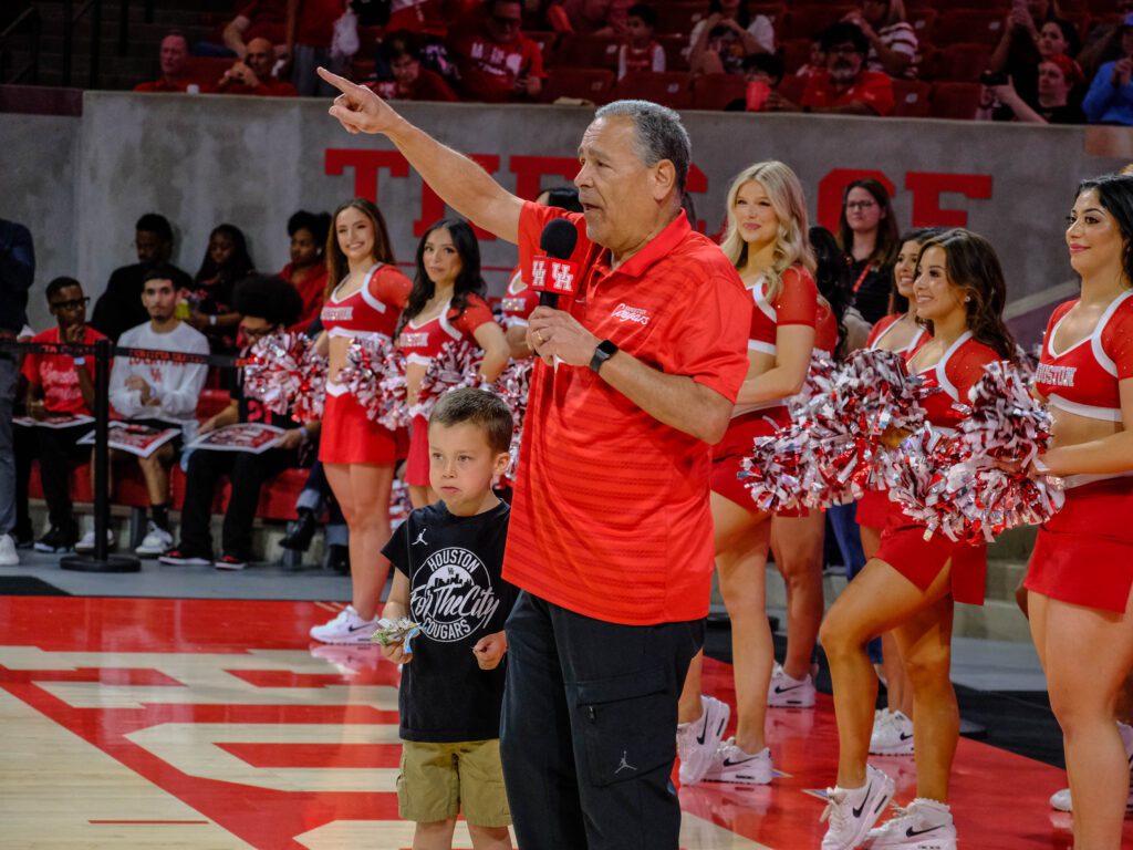 University of Houston coach Kelvin Sampson welcomed the fans to the Fertitta Center for this first on-campus NCAA Tournament Selection Sunday party.  (Photo by F. Carter Smith)